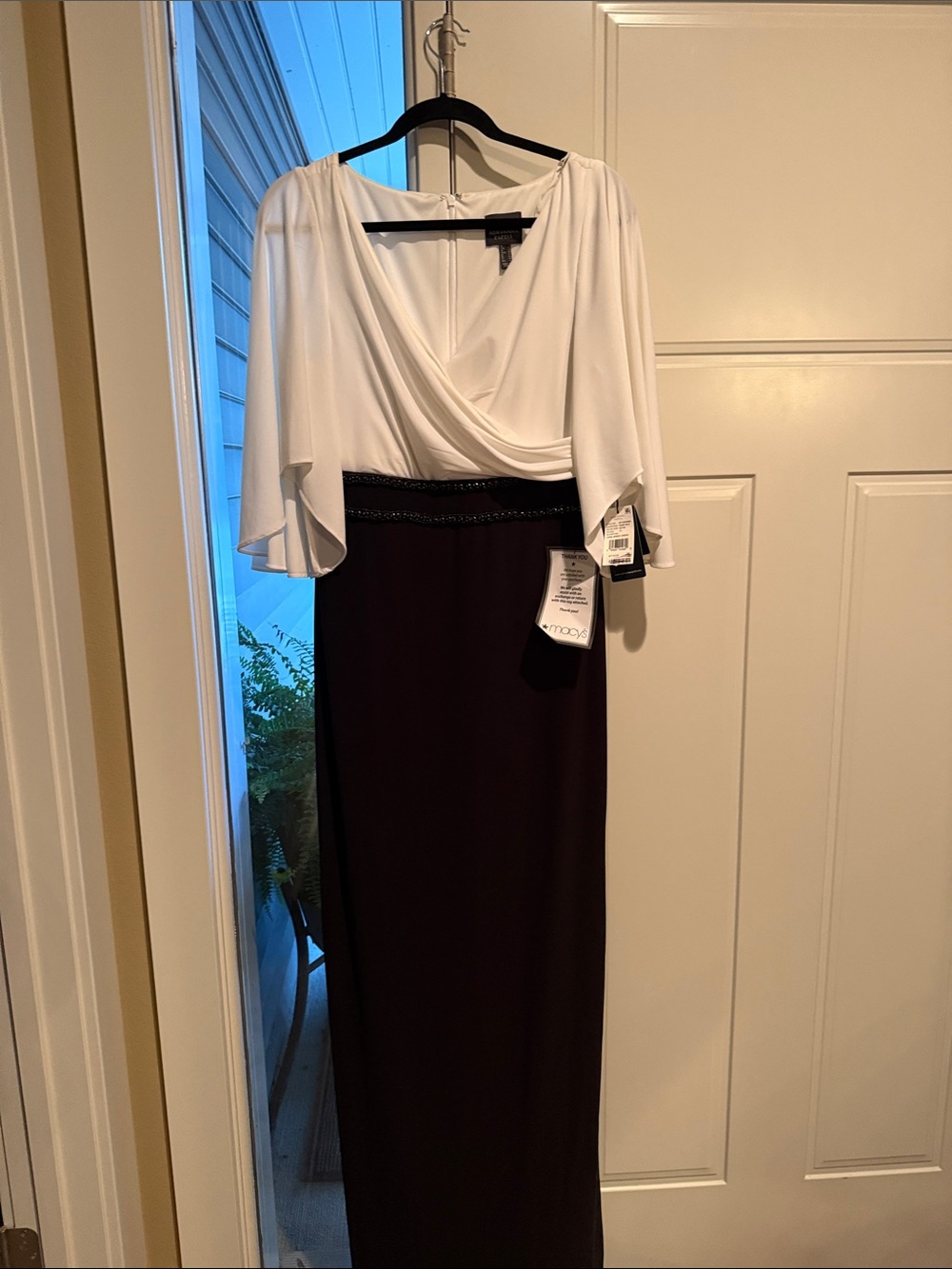 Adrianna Papell White Draped Bodice Black Maxi Skirt
